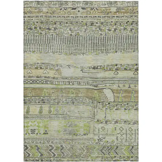 Beige And Mint Green Striped Washable Indoor Outdoor Area Rug Photo 1