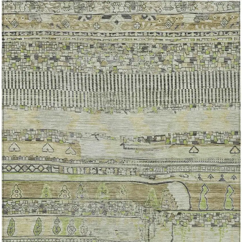 Beige And Mint Green Striped Washable Indoor Outdoor Area Rug Photo 4