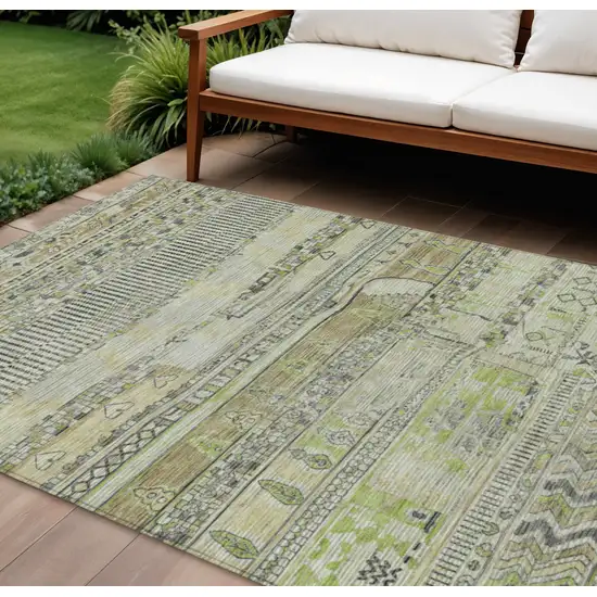 Beige And Mint Green Striped Washable Indoor Outdoor Area Rug Photo 2