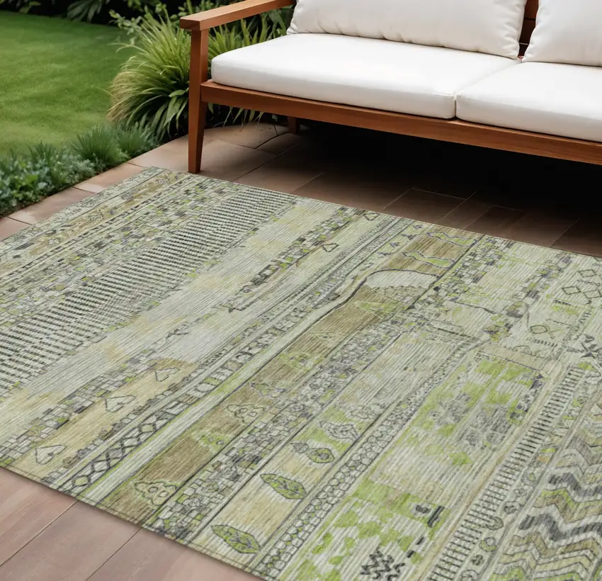Beige And Mint Green Striped Washable Indoor Outdoor Area Rug Photo 2