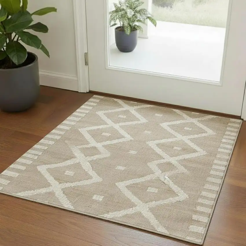 Beige And Natural Diamond Hand Woven Square Rug Photo 1