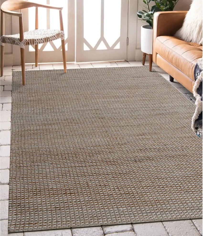 Beige And Natural Jute Striped Hand Woven Square Rug Photo 6