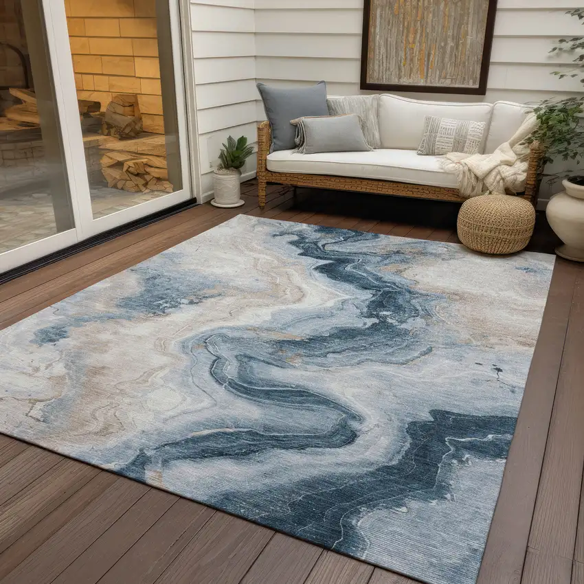 Beige And Navy Blue Abstract Washable Indoor Outdoor Area Rug Photo 5