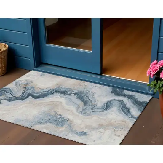 Beige And Navy Blue Abstract Washable Indoor Outdoor Area Rug Photo 2