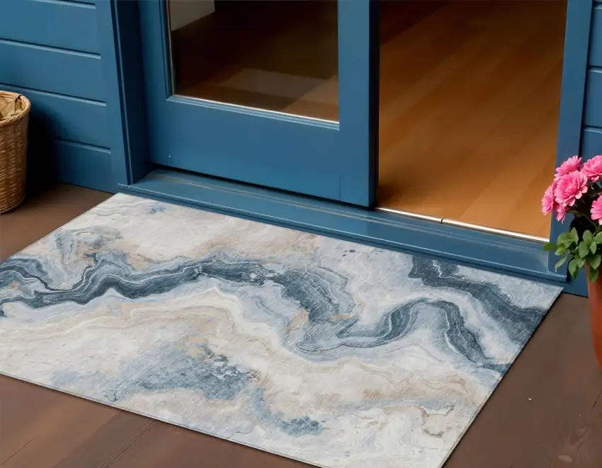 Beige And Navy Blue Abstract Washable Indoor Outdoor Area Rug Photo 2