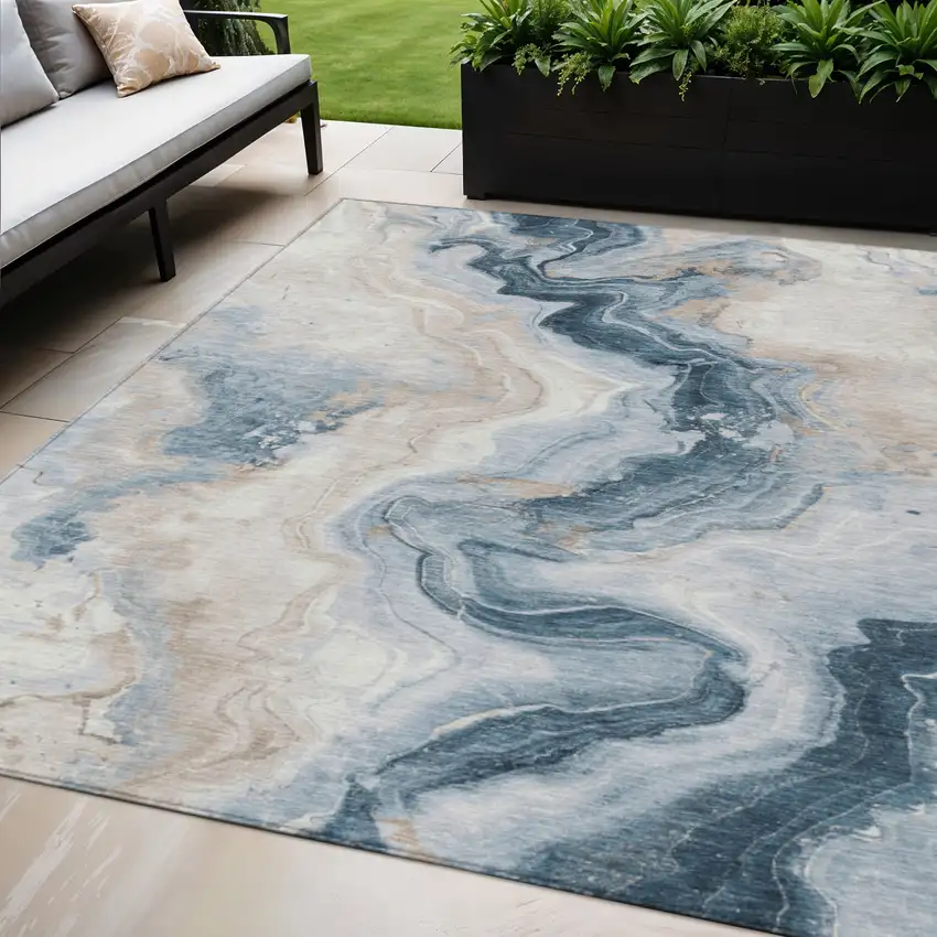 Beige And Navy Blue Abstract Washable Indoor Outdoor Area Rug Photo 2