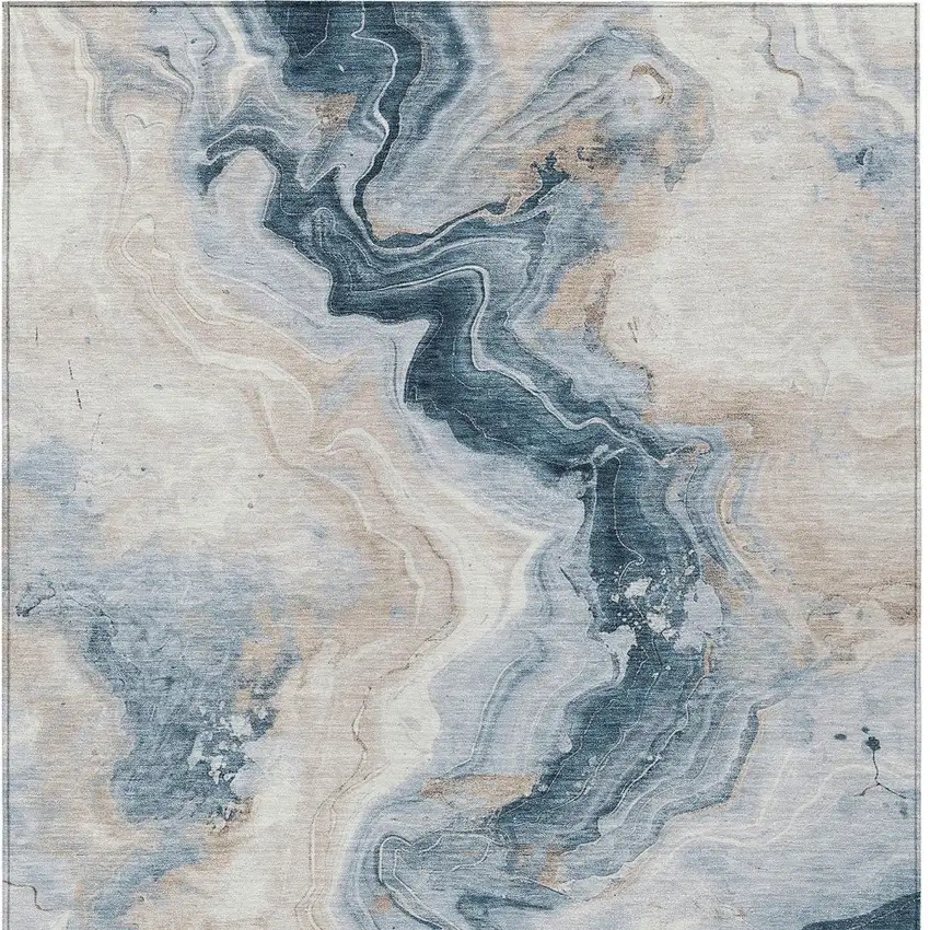 Beige And Navy Blue Abstract Washable Indoor Outdoor Area Rug Photo 9