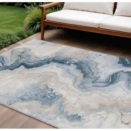 Beige And Navy Blue Abstract Washable Indoor Outdoor Area Rug Photo 2