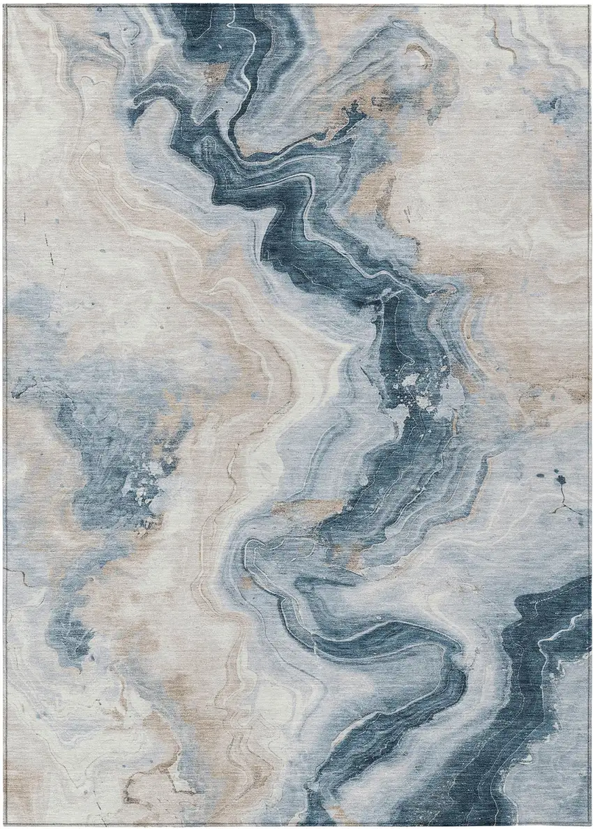 Beige And Navy Blue Abstract Washable Indoor Outdoor Area Rug Photo 8