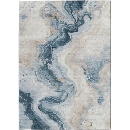 Beige And Navy Blue Abstract Washable Indoor Outdoor Area Rug Photo 6