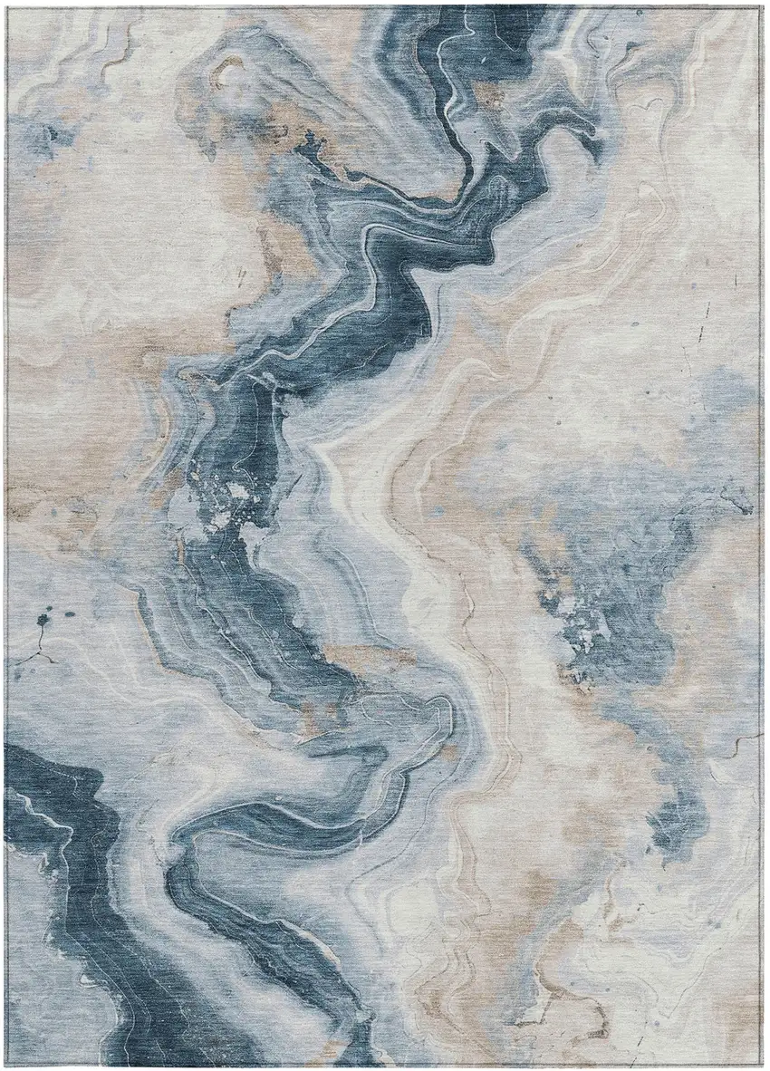 Beige And Navy Blue Abstract Washable Indoor Outdoor Area Rug Photo 6