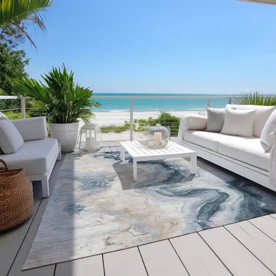 Beige And Navy Blue Abstract Washable Indoor Outdoor Area Rug Photo 7