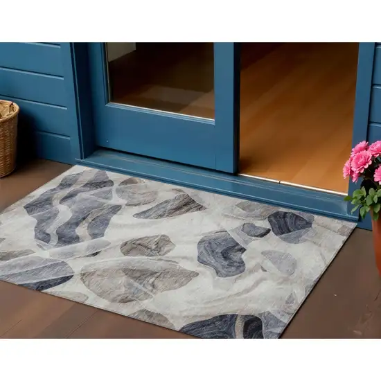 Beige And Navy Blue Abstract Washable Indoor Outdoor Area Rug Photo 2