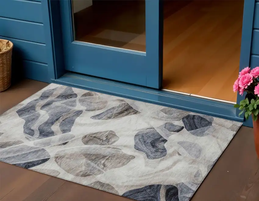 Beige And Navy Blue Abstract Washable Indoor Outdoor Area Rug Photo 2
