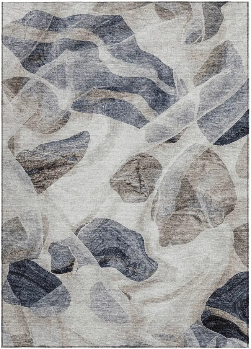 Beige And Navy Blue Abstract Washable Indoor Outdoor Area Rug Photo 9