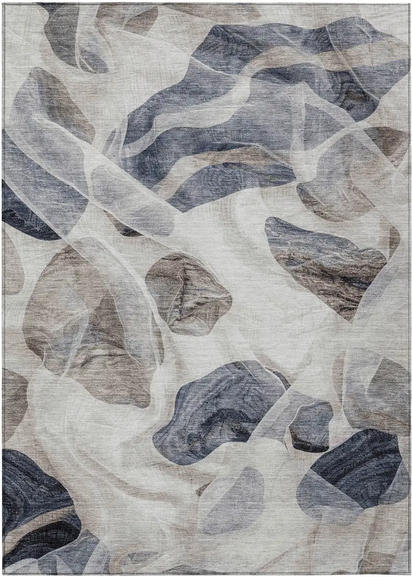 Beige And Navy Blue Abstract Washable Indoor Outdoor Area Rug Photo 7