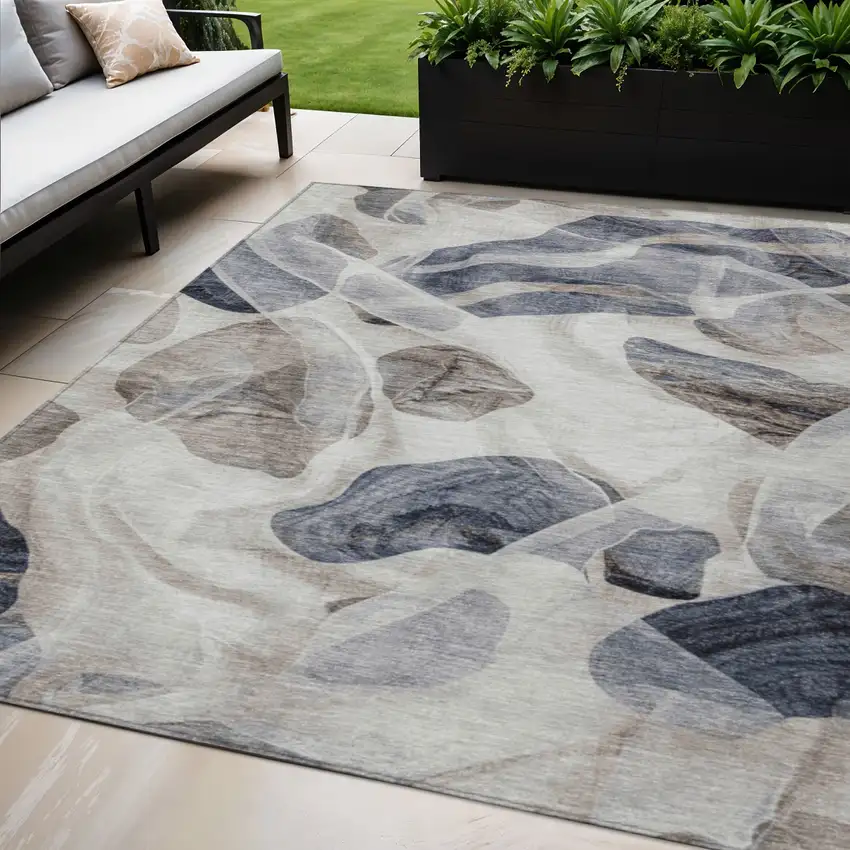 Beige And Navy Blue Abstract Washable Indoor Outdoor Area Rug Photo 2