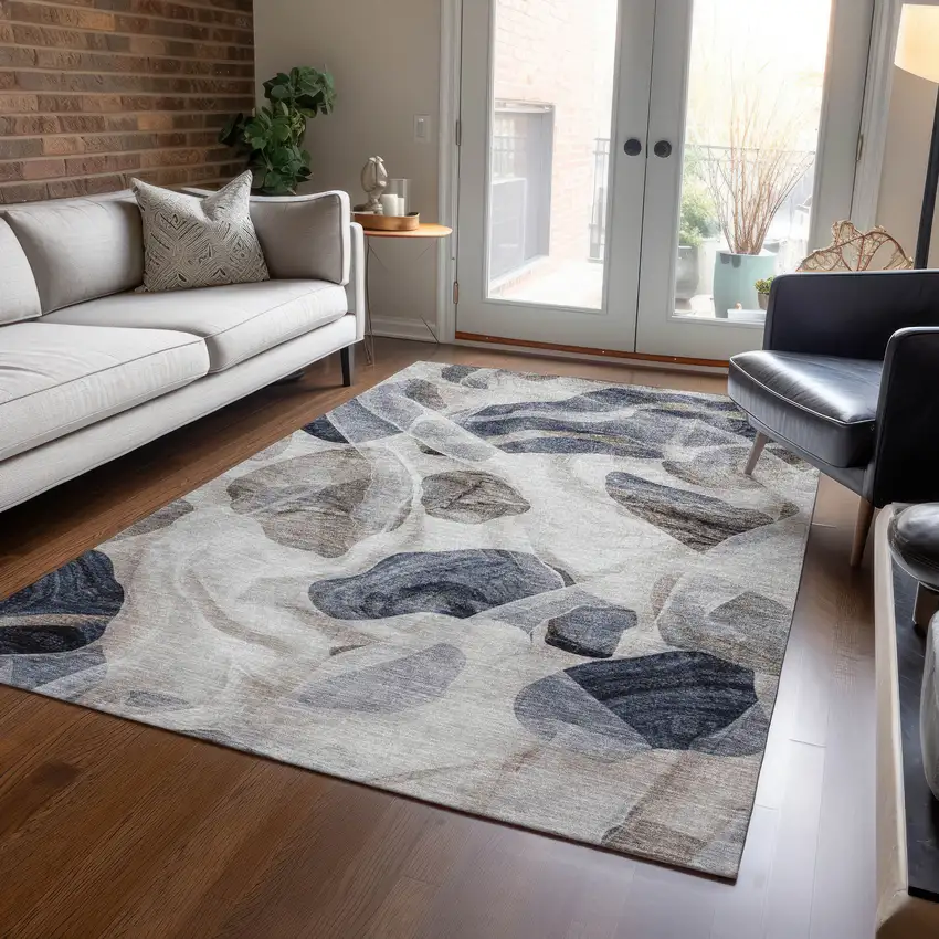 Beige And Navy Blue Abstract Washable Indoor Outdoor Area Rug Photo 4