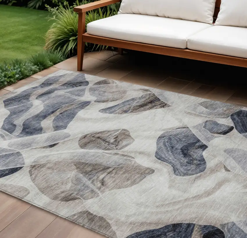Beige And Navy Blue Abstract Washable Indoor Outdoor Area Rug Photo 2