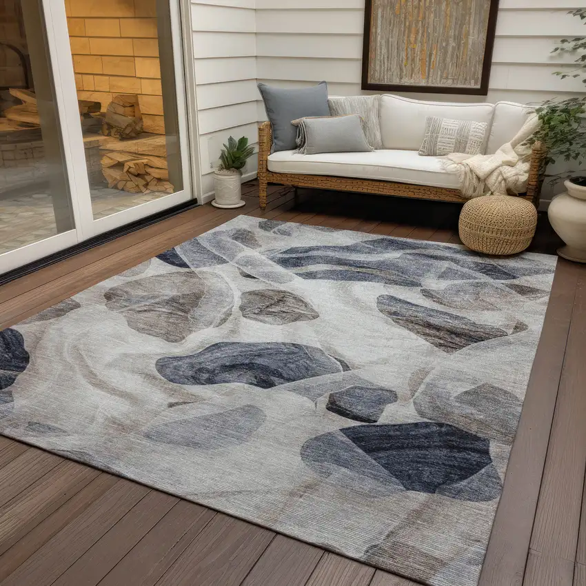 Beige And Navy Blue Abstract Washable Indoor Outdoor Area Rug Photo 4
