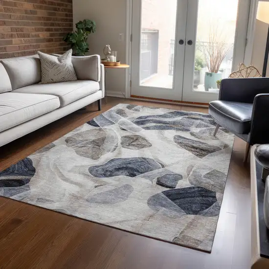 Beige And Navy Blue Abstract Washable Indoor Outdoor Area Rug Photo 5