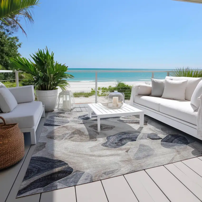 Beige And Navy Blue Abstract Washable Indoor Outdoor Area Rug Photo 6