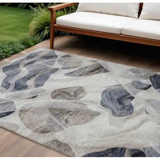 Beige And Navy Blue Abstract Washable Indoor Outdoor Area Rug Photo 2