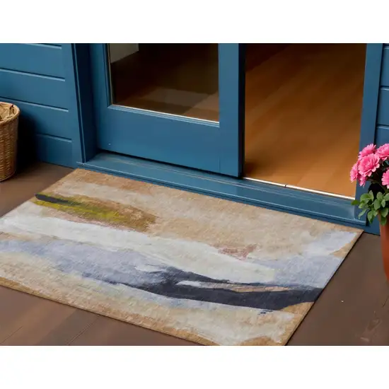 Beige And Navy Blue Abstract Washable Indoor Outdoor Area Rug Photo 2