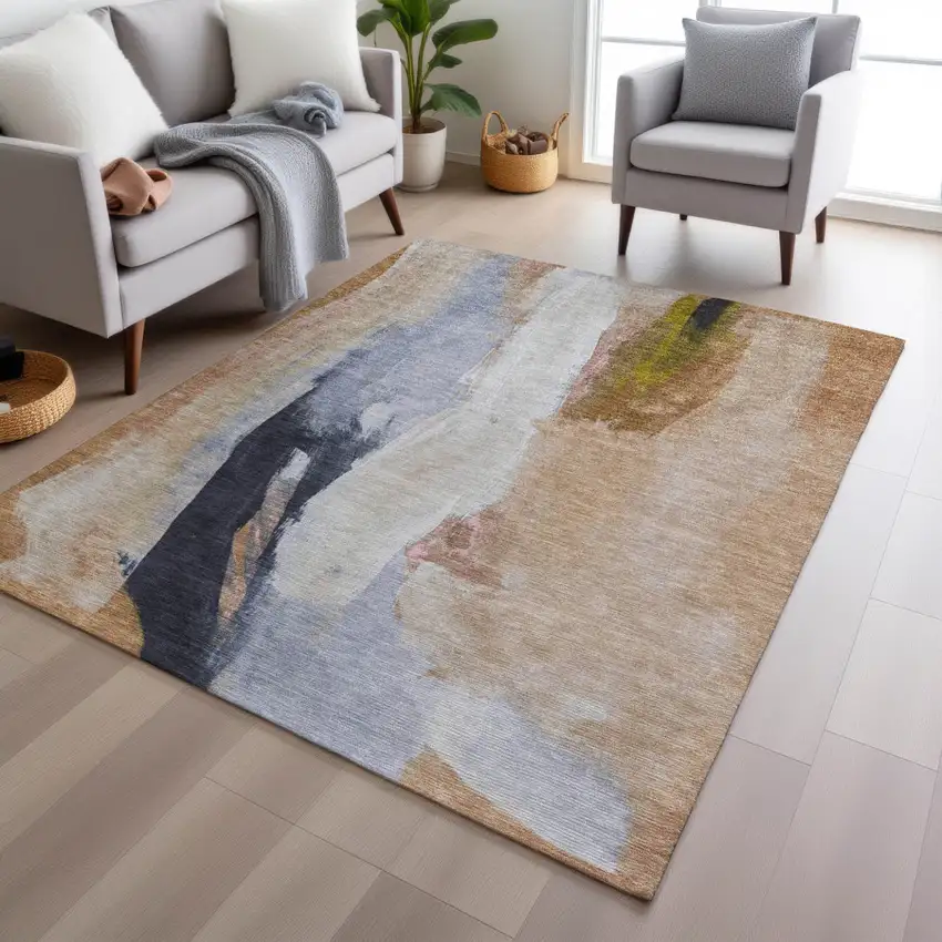 Beige And Navy Blue Abstract Washable Indoor Outdoor Area Rug Photo 4