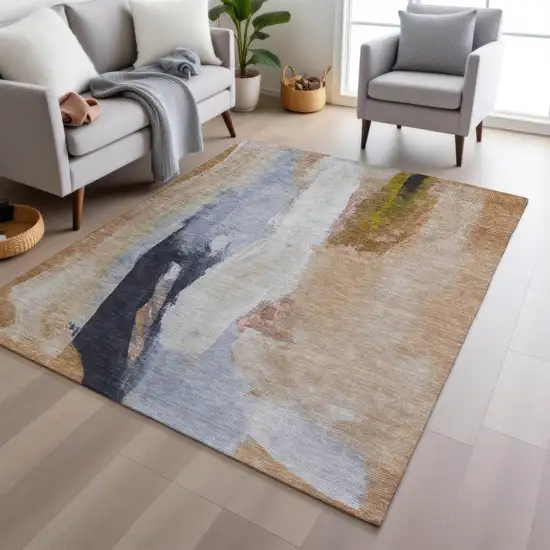 Beige And Navy Blue Abstract Washable Indoor Outdoor Area Rug Photo 4