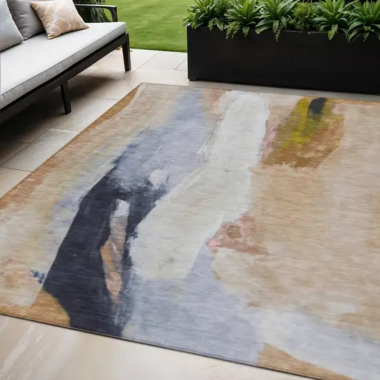 Beige And Navy Blue Abstract Washable Indoor Outdoor Area Rug Photo 2