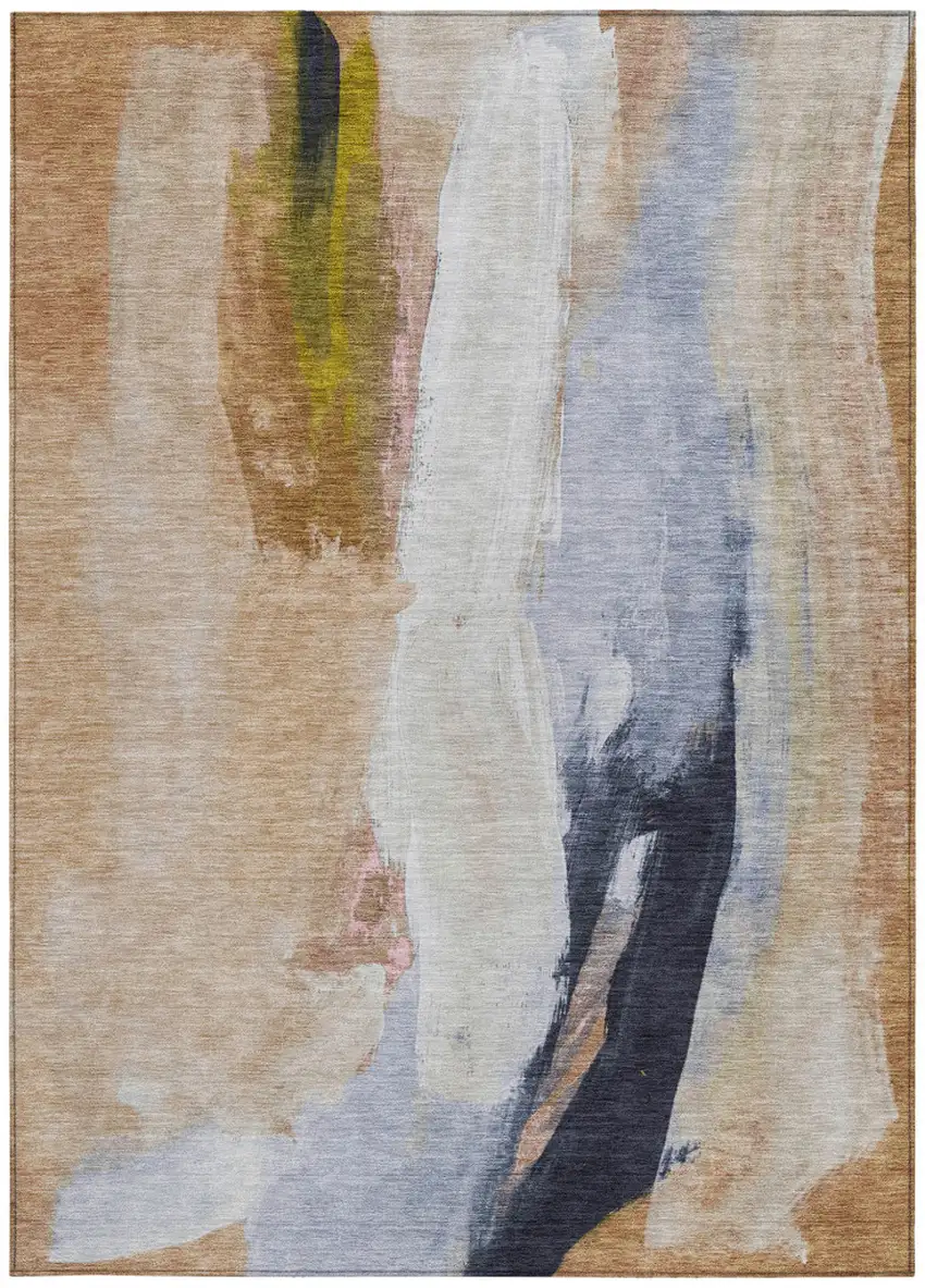 Beige And Navy Blue Abstract Washable Indoor Outdoor Area Rug Photo 8