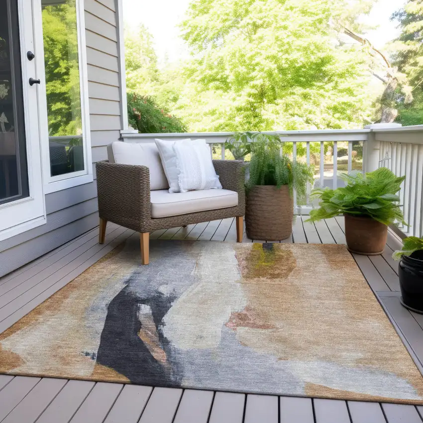 Beige And Navy Blue Abstract Washable Indoor Outdoor Area Rug Photo 6