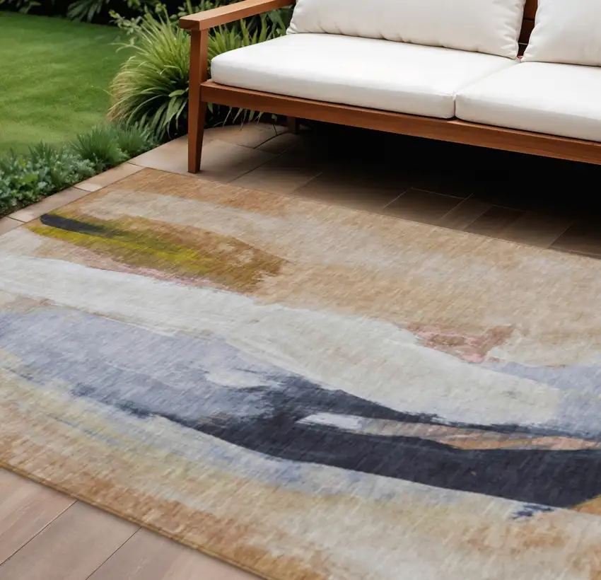 Beige And Navy Blue Abstract Washable Indoor Outdoor Area Rug Photo 2