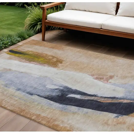 Beige And Navy Blue Abstract Washable Indoor Outdoor Area Rug Photo 2