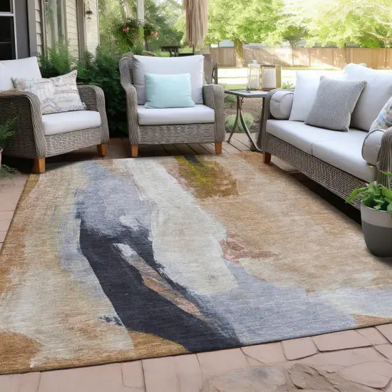 Beige And Navy Blue Abstract Washable Indoor Outdoor Area Rug Photo 3