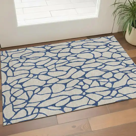 Beige And Navy Blue Geometric Washable Area Rug With UV Protection Photo 1
