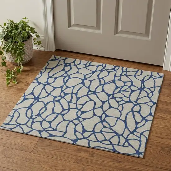 Beige And Navy Blue Geometric Washable Area Rug With UV Protection Photo 1