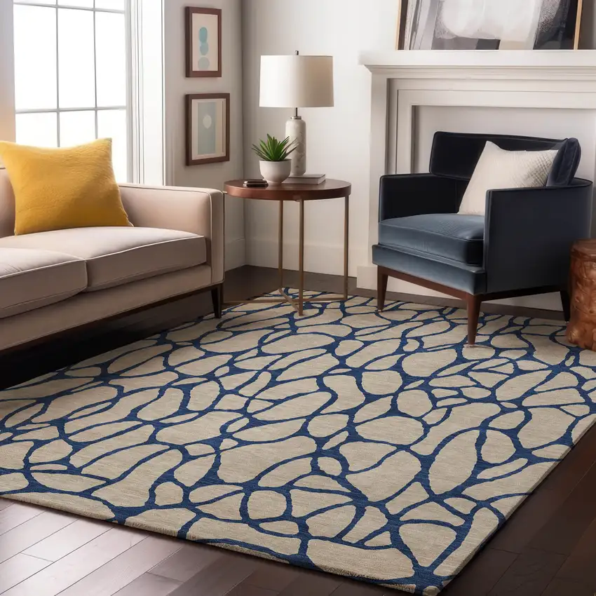 Beige And Navy Blue Geometric Washable Area Rug With UV Protection Photo 4