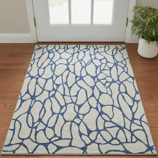 Beige And Navy Blue Geometric Washable Area Rug With UV Protection Photo 2