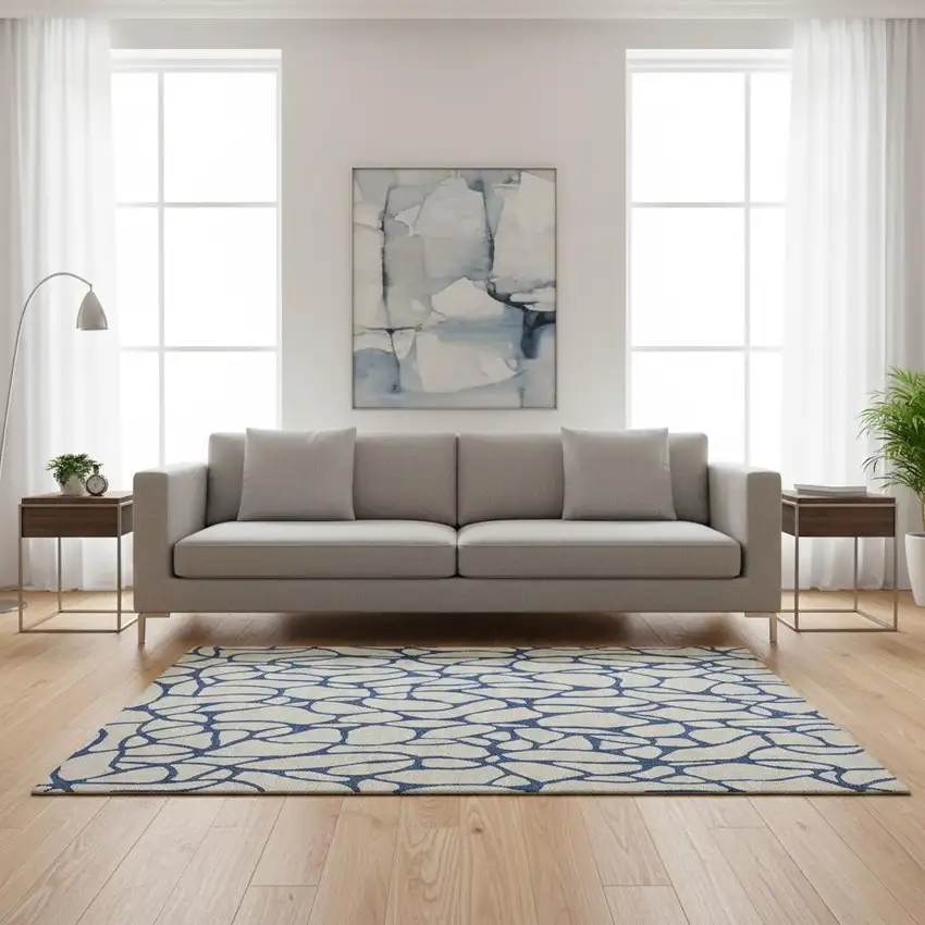 Beige And Navy Blue Geometric Washable Area Rug With UV Protection Photo 2