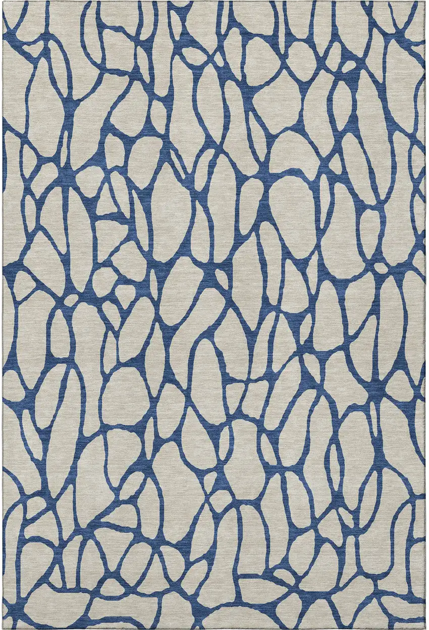 Beige And Navy Blue Geometric Washable Area Rug With UV Protection Photo 3