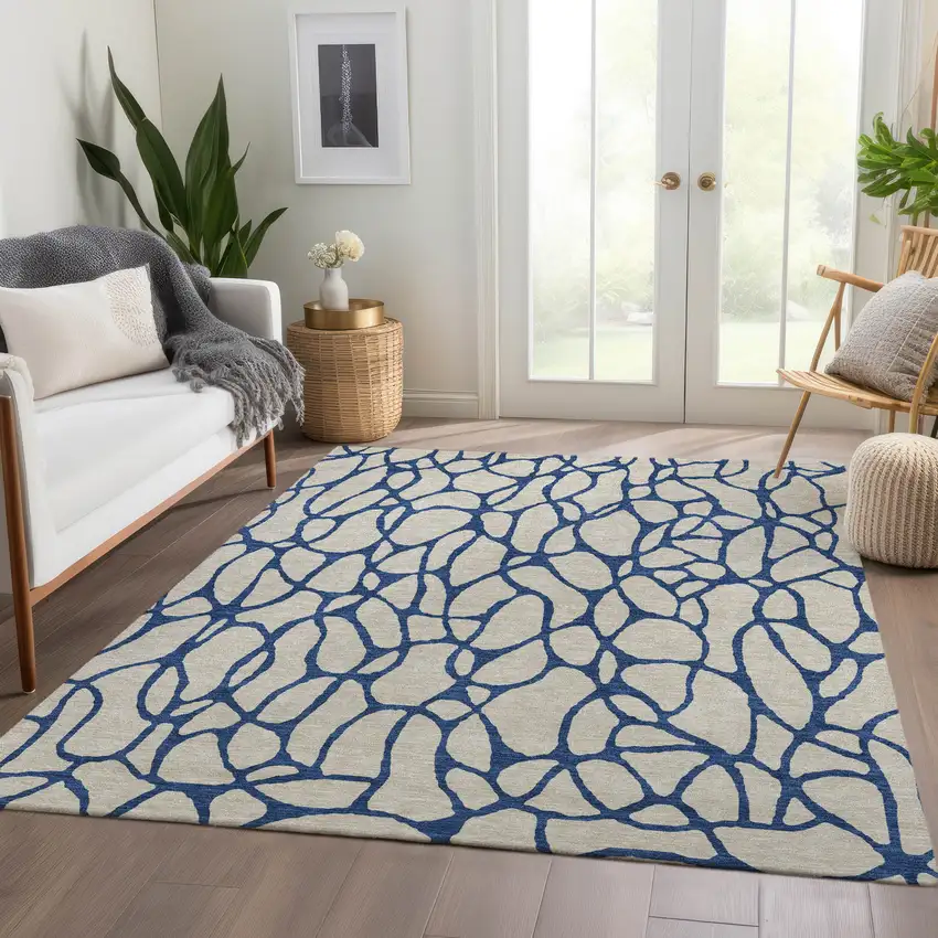Beige And Navy Blue Geometric Washable Area Rug With UV Protection Photo 5