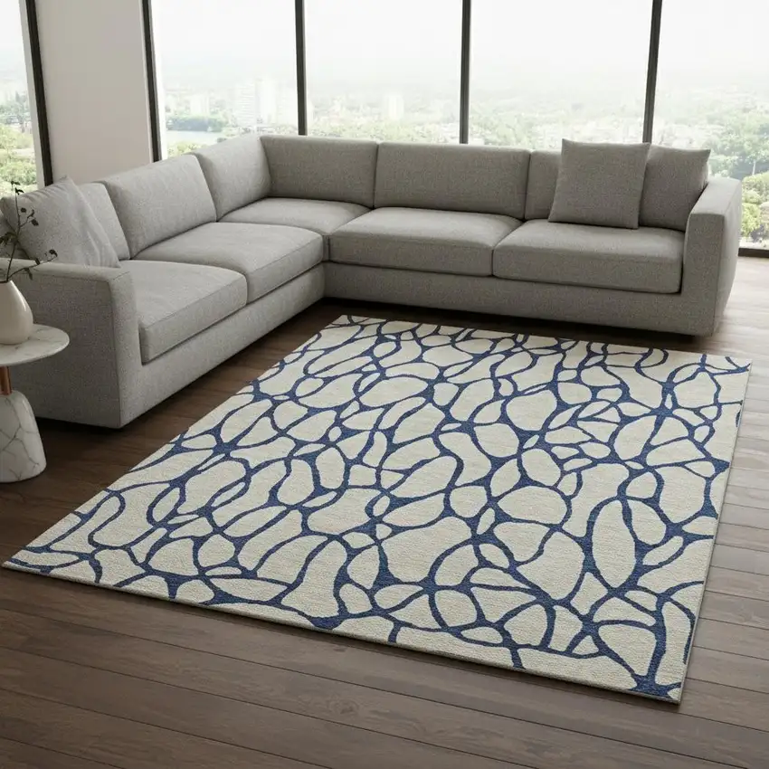 Beige And Navy Blue Geometric Washable Area Rug With UV Protection Photo 2
