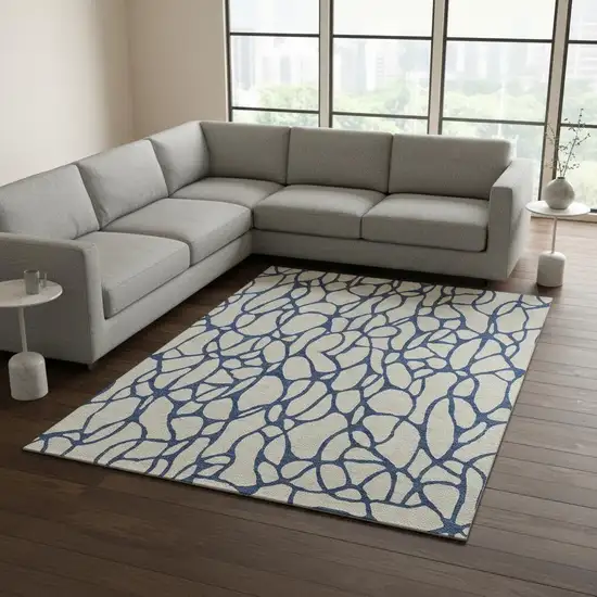 Beige And Navy Blue Geometric Washable Area Rug With UV Protection Photo 2