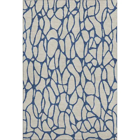 Beige And Navy Blue Geometric Washable Area Rug With UV Protection Photo 1