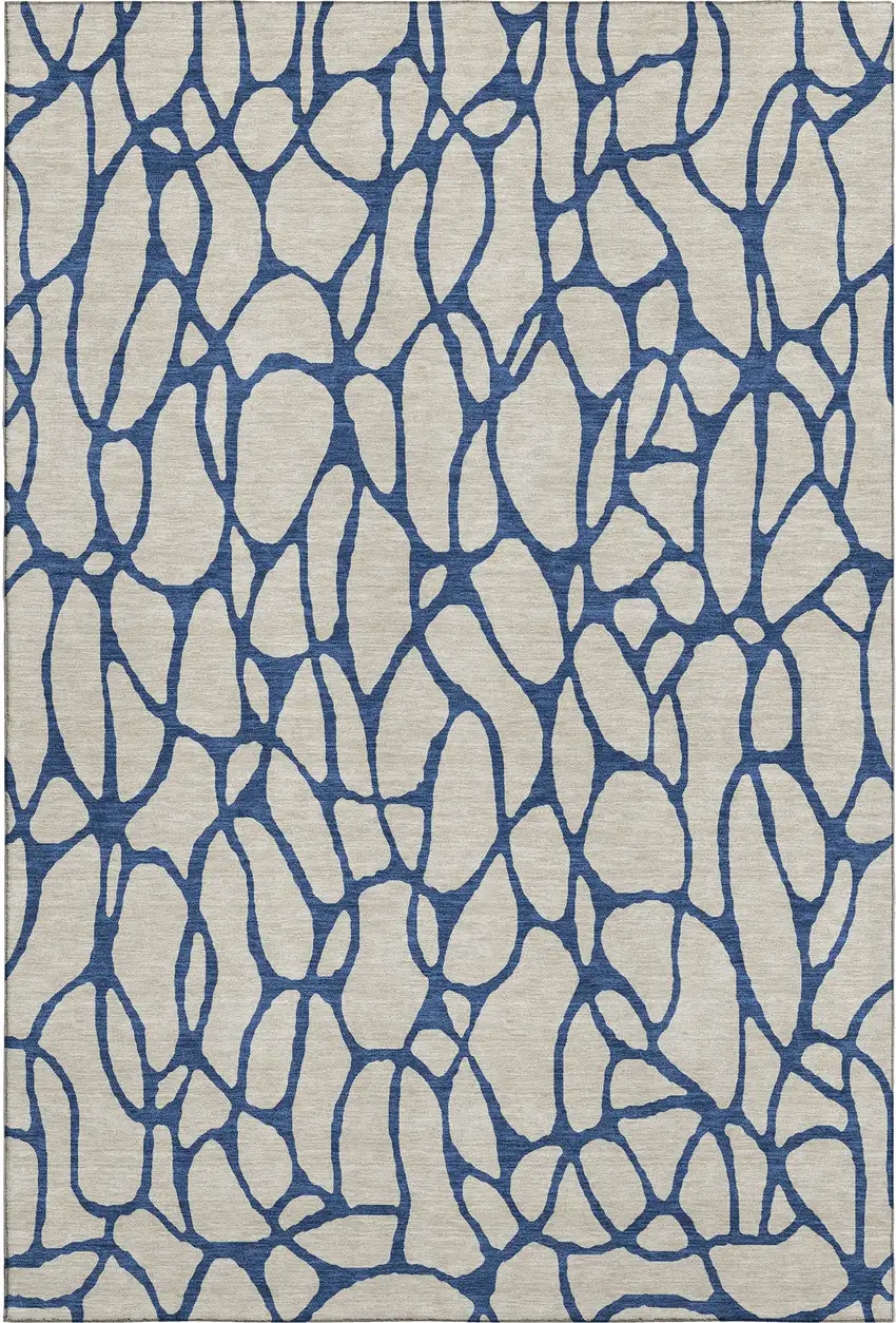 Beige And Navy Blue Geometric Washable Area Rug With UV Protection Photo 1
