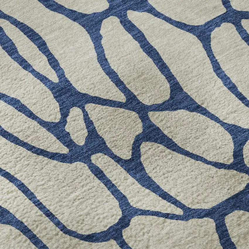 Beige And Navy Blue Geometric Washable Area Rug With UV Protection Photo 9