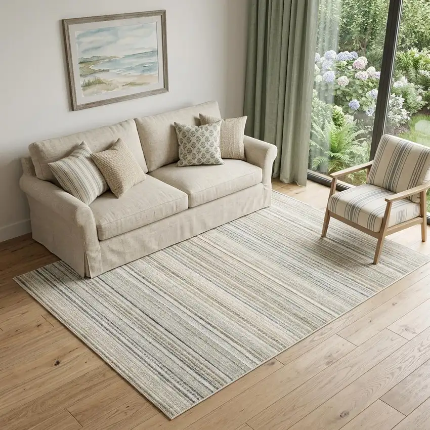 Beige And Navy Blue Striped Area Rug Photo 1