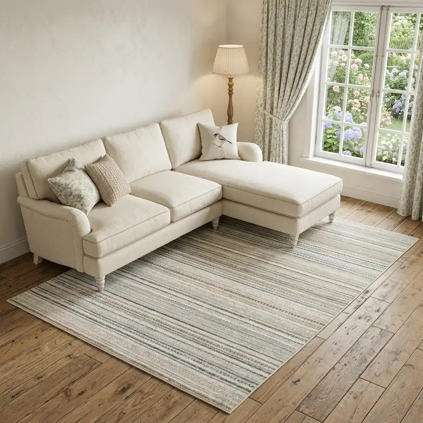 Beige And Navy Blue Striped Area Rug Photo 1